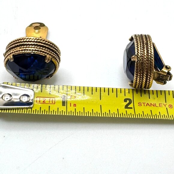 Cobalt Blue Earrings Vintage Crystal Textured Gold Tone Round Clip-On - Picture 2 of 13